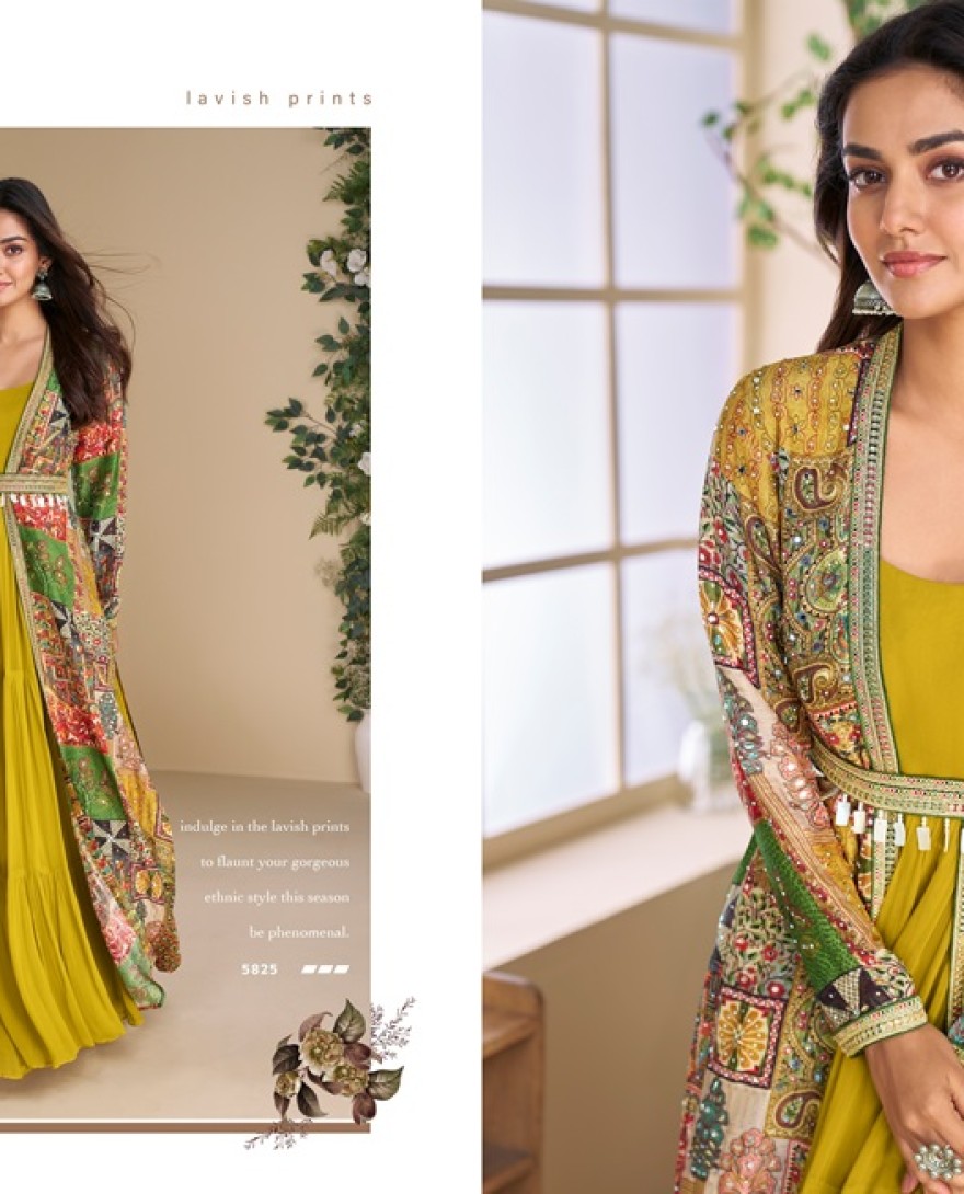 5825 - Designer Yellow Georgette Anarkali Gown with Multicolor Long Shrug